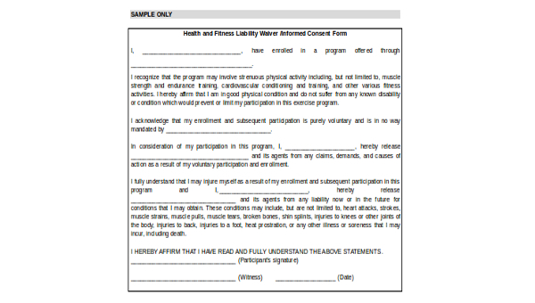 Fitness Waiver And Release Form Template - All Photos ...