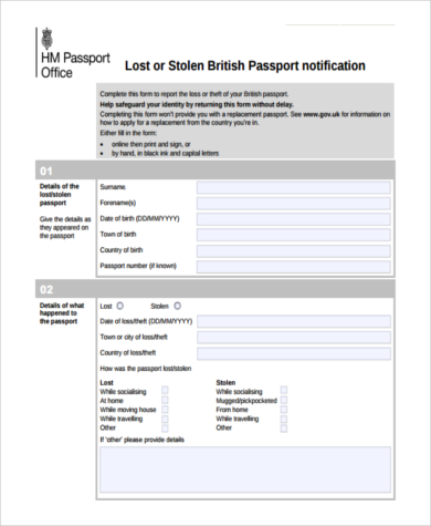 lost stolen passport form sample