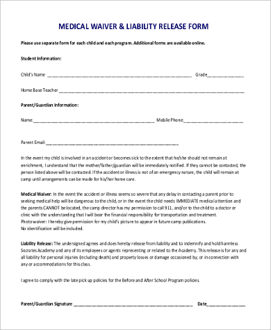 waiver medical liability release forms form sample pdf