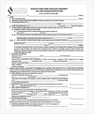 manufactured home purchase agreement form