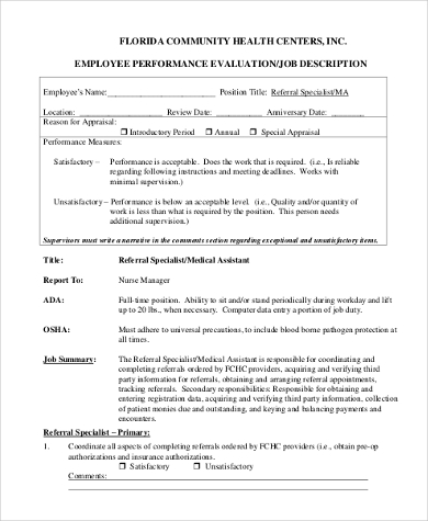 medical assistant job performance evaluation form