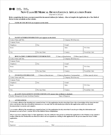 medical device licence application form