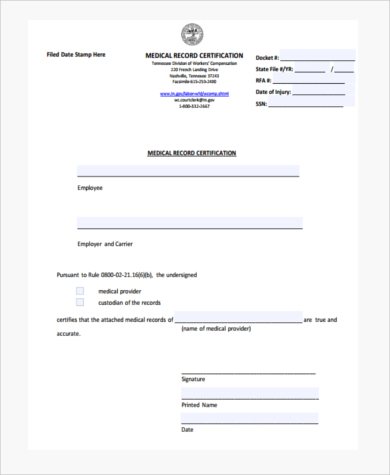 medical records certification form