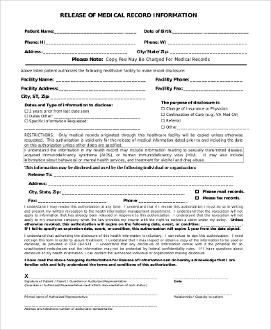 medical records release of information form pdf
