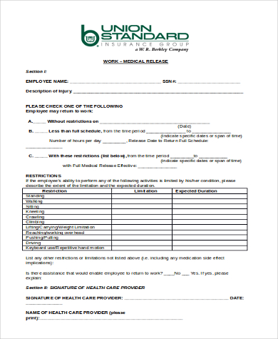 medical work release form