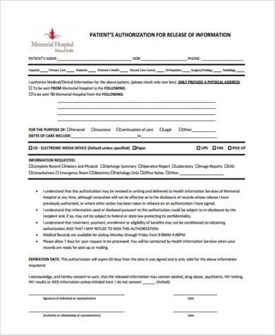 memorial hospital release form