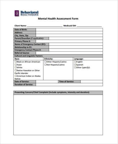 mental health assessment form pdf