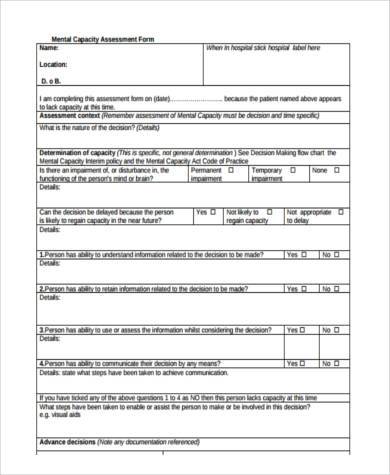 mental health capacity assessment form