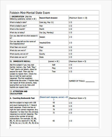 mental status exam blank form