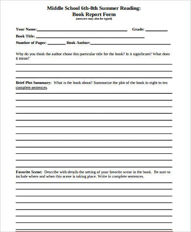 middle school book report form