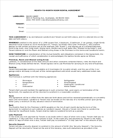 month to month room rental agreement form