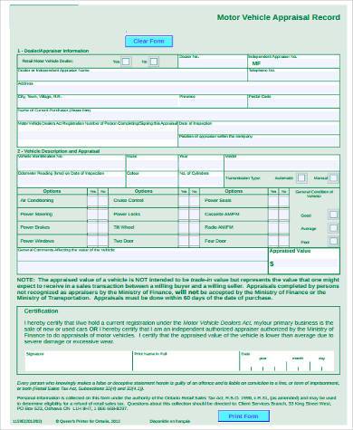 motor vehicle appraisal form