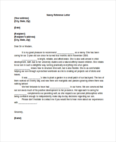 nanny reference letter 