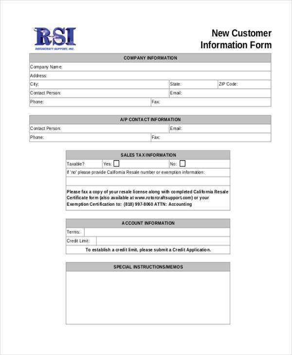 New Customer Form Template Word PDF Template