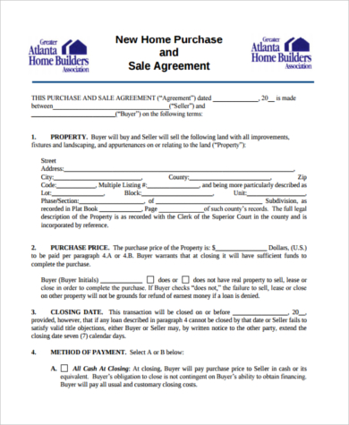 new home purchase agreement form example