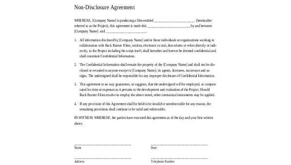 non disclosure agreement form samples