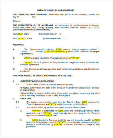 novation deed agreement form