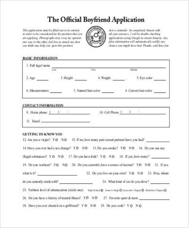 Free 7 Sample Boyfriend Application Forms In Pdf Ms Word