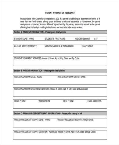 parent affidavit of residency form