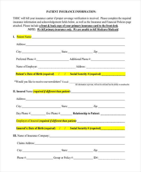 patient insurance information form