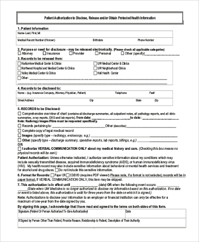 patient medical release of information form example