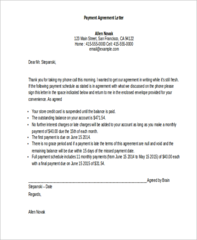 payment agreement letter