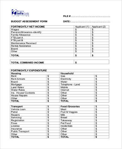personal budget assessment form