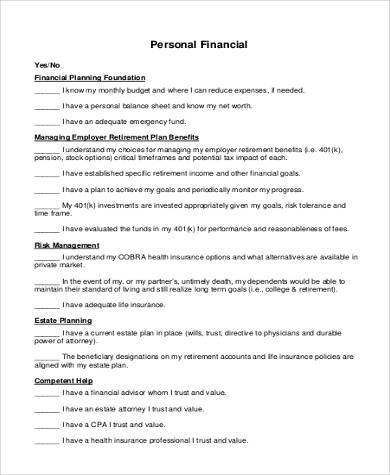 personal financial planning form