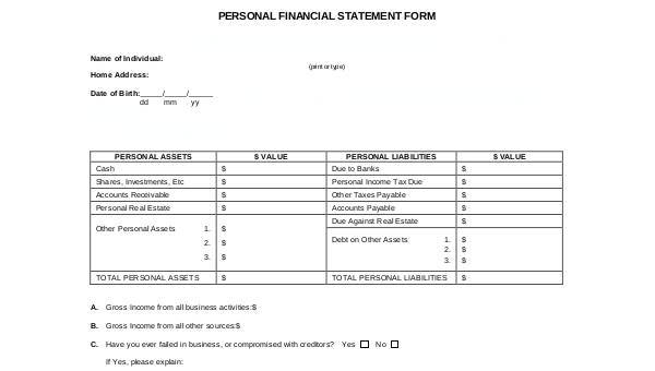 personal financial statement form samples