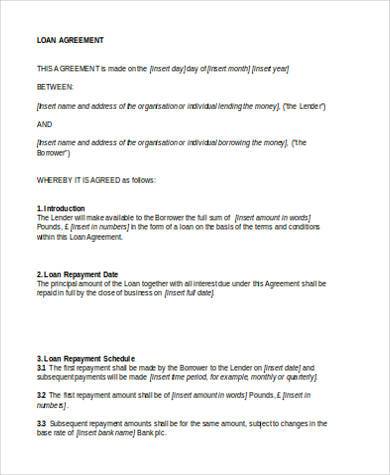 personal loan agreement form in word format