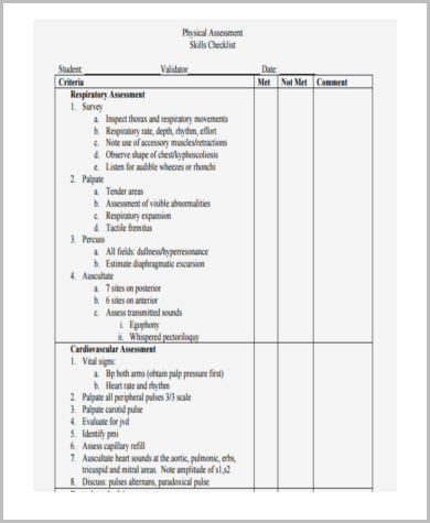 physical assessment checklist form