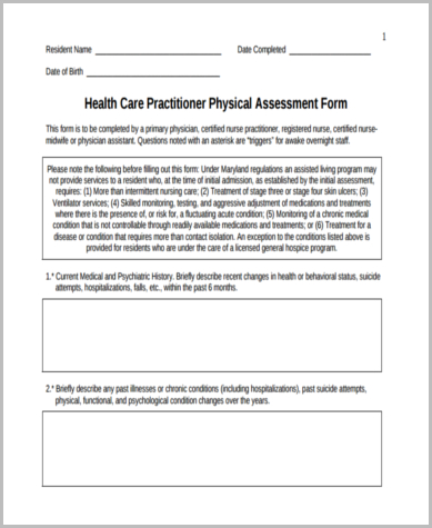 physical health assessment form