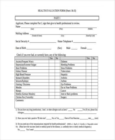 physical health evaluation form