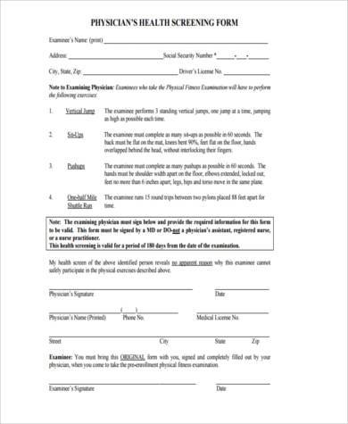physical health screening form