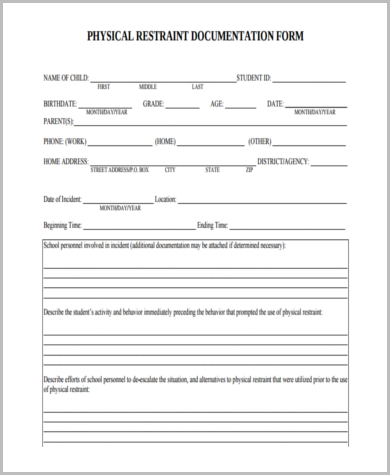 physical restraint assessment form