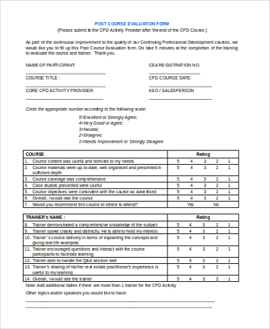 post course evaluation form