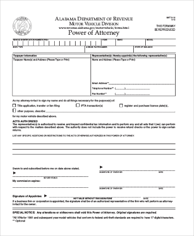 power of attorney blank form example