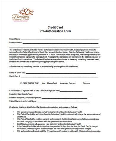 pre authorization credit card form
