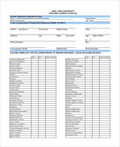 pre employment physical form pdf