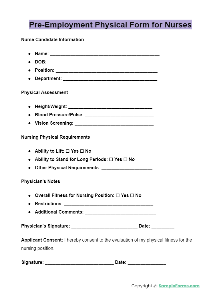 pre employment physical form for nurses