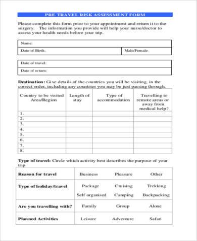 pre travel risk assessment form