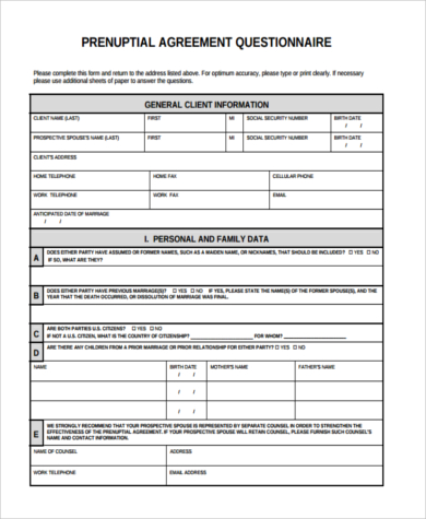 prenuptial agreement questionnaires form