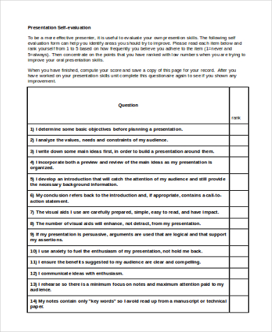 presentation self evaluation form