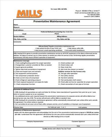preventative maintenance agreement form
