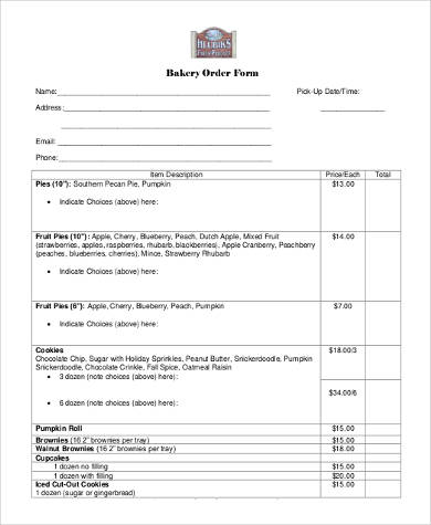 printable bakery order form