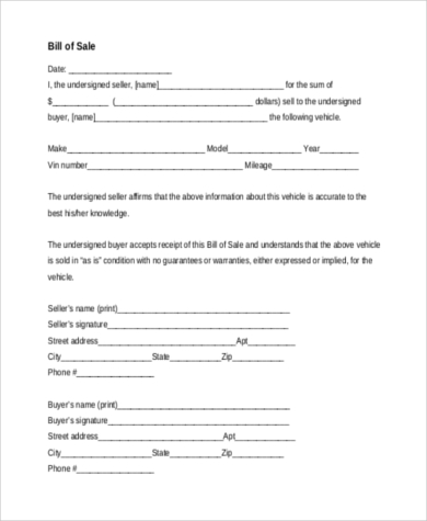 printable bill of sale agreement form