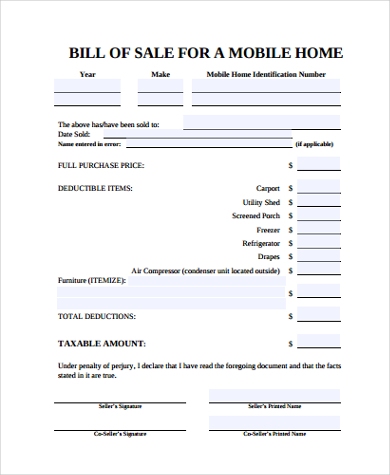 FREE 6+ Mobile Home Bill of Sale Samples in PDF