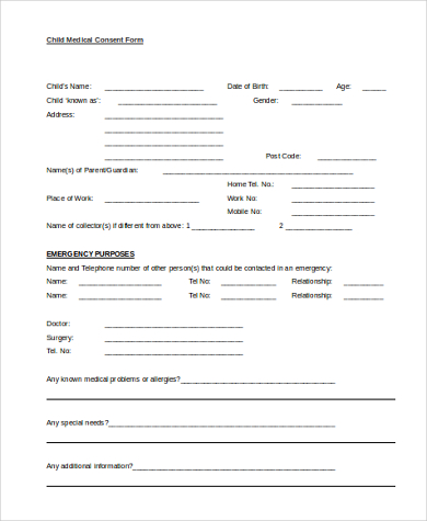 printable child medical consent form