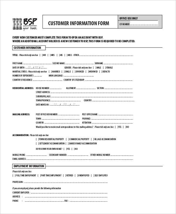 printable customer information form