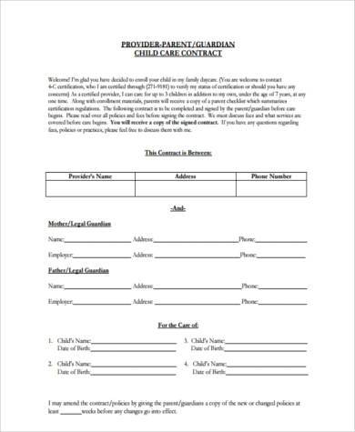 printable daycare contract form